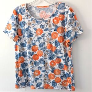 Ann Taylor Citrus Fruit Oranges 🍊 Scoop Neck Stretch Short Sleeve Shirt Medium